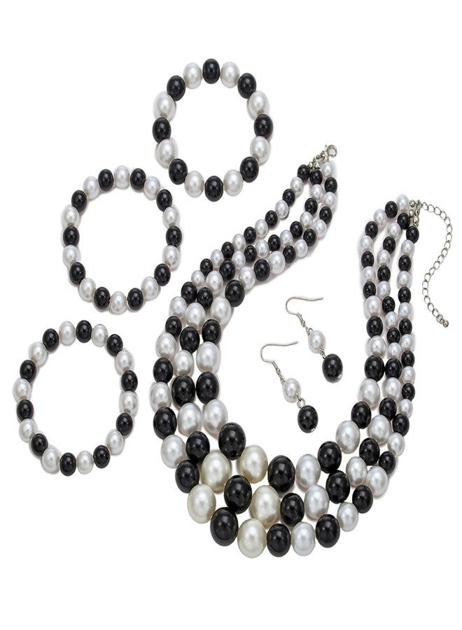 TETING GINING Black White Pearl Beaded Necklace Bracelets Earrings Set for Women Jewelry (Color A) - Image 1